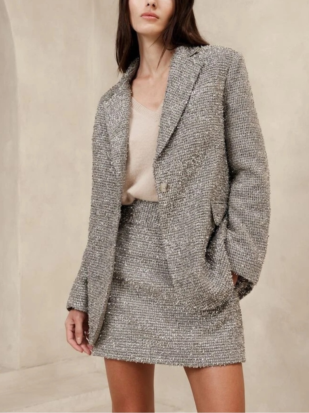 Banana Republic Retired Womens Silver Metallic Tweed One Button Blazer 10